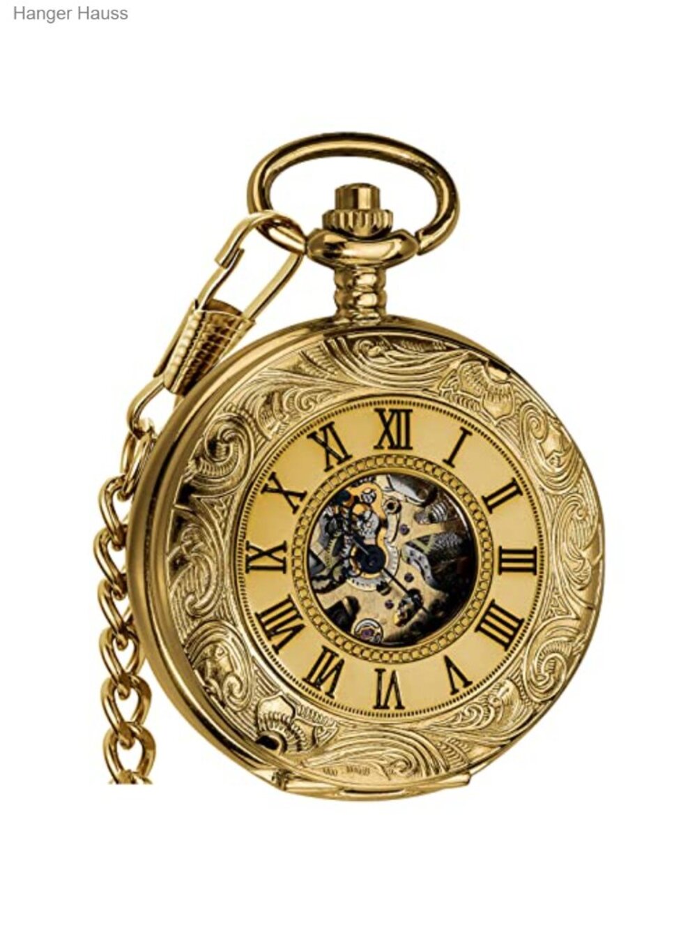 VIGOROSO Mechanical Pocket Watch Skeleton Chain Gold Vintage